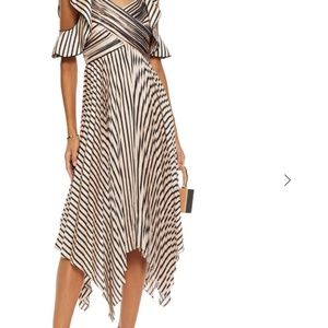 SELF-PORTRAIT Asymmetric pleated striped satin midi dress